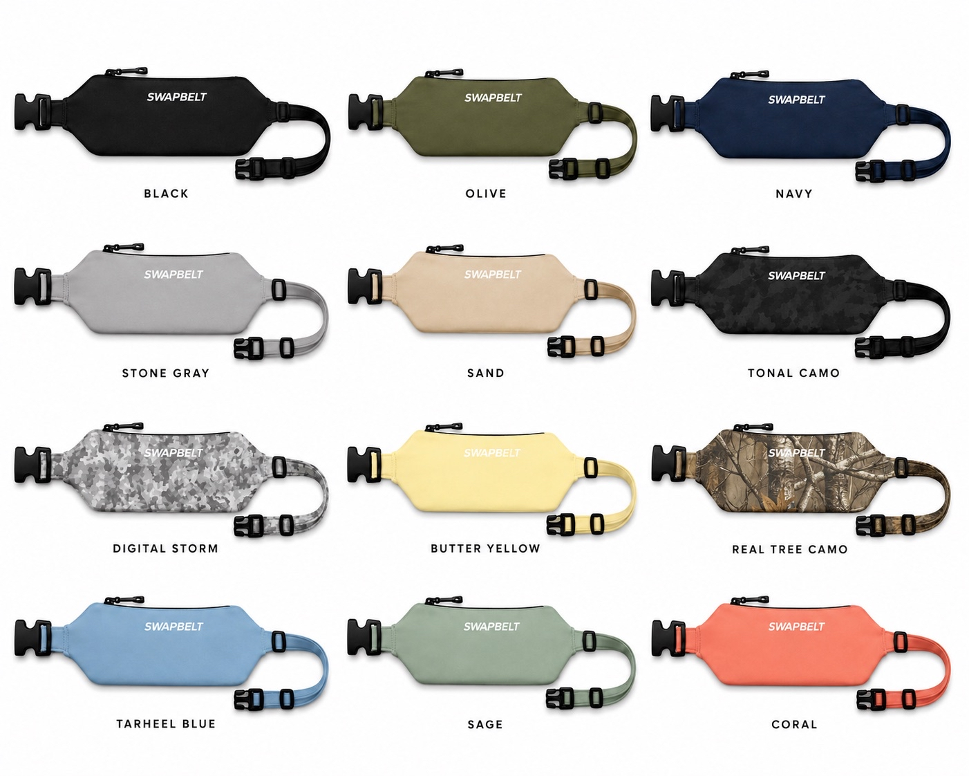 SwapBelt belt sleeves in black, olive, navy, stone gray, sand, camo, yellow, blue, sage, and coral