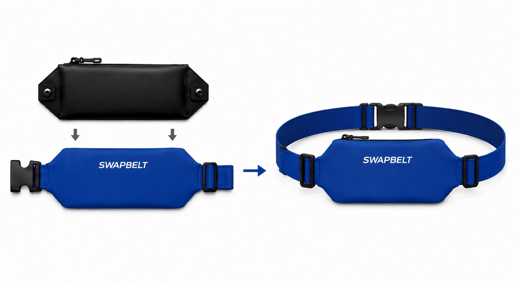 Waterproof core above a blue SwapBelt sleeve with the assembled belt shown beside them